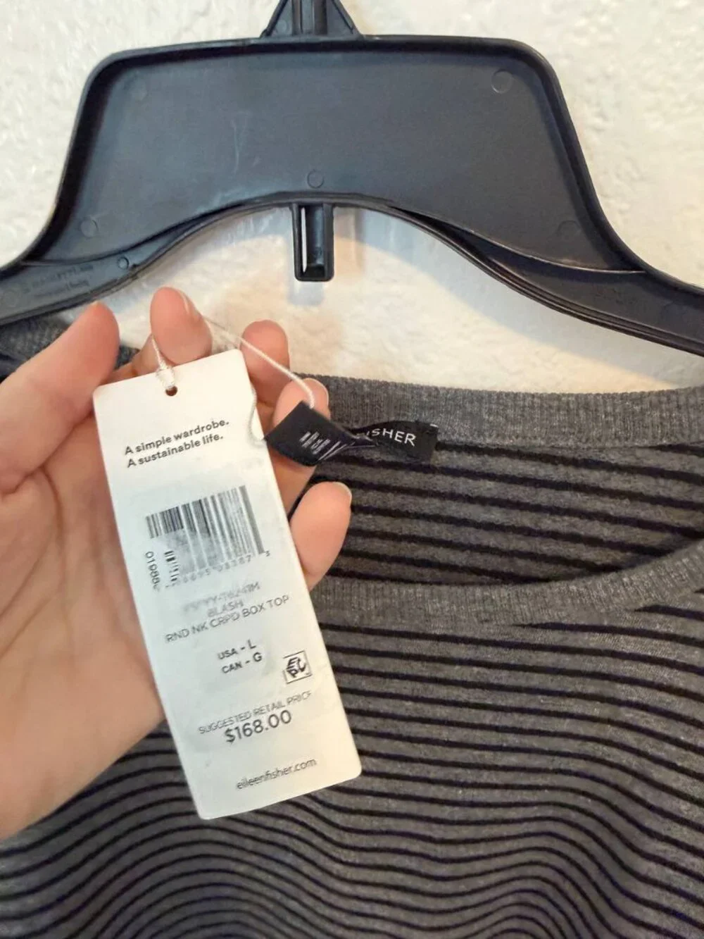 NWT Eileen Fisher Striped Cozy Brushed Terry Box Top Gray Black Size L
